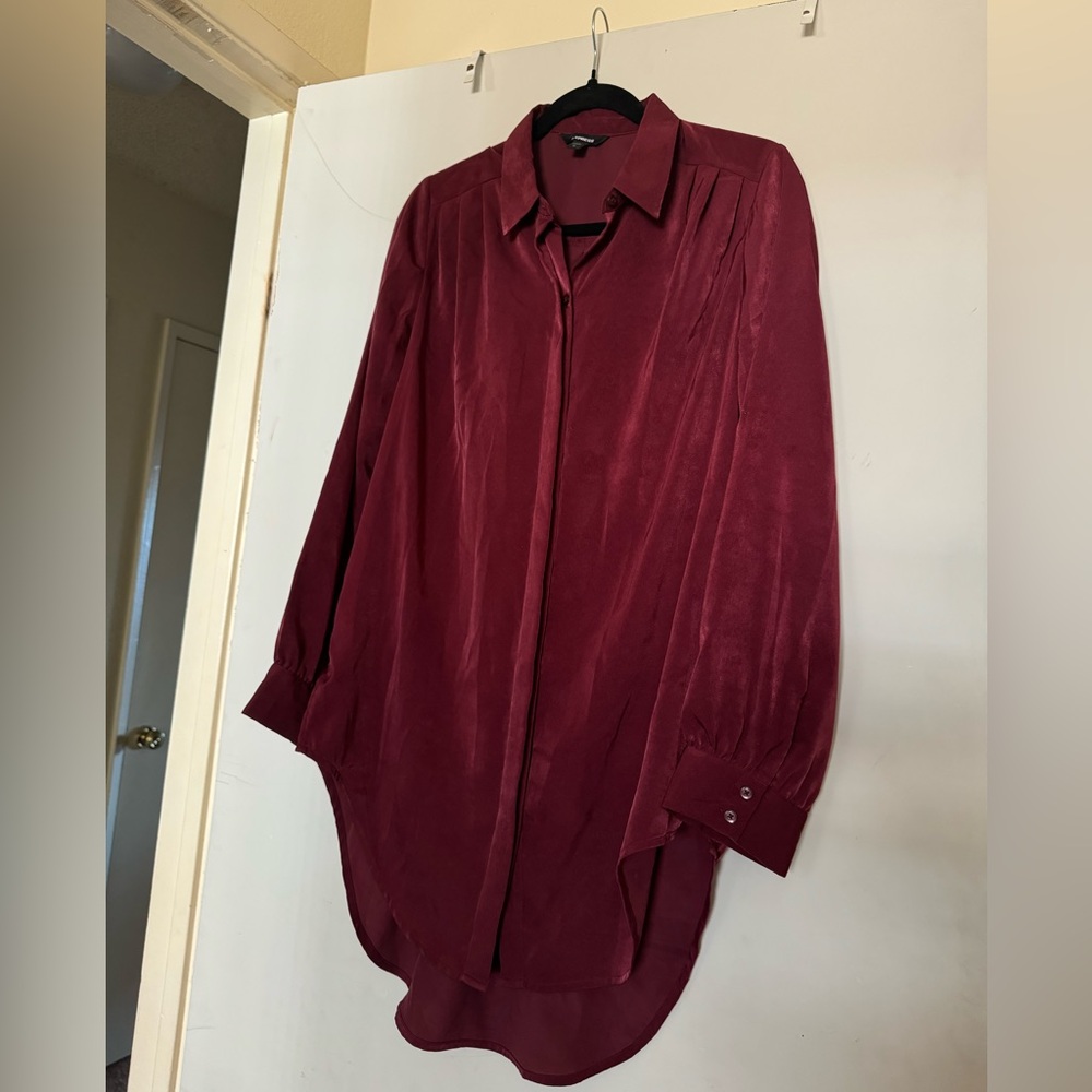 Long burgundy express button down mini dress
